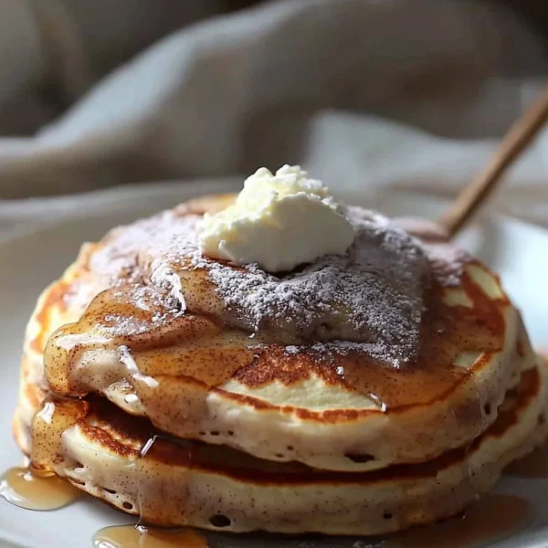 Delicious cinnamon roll pancakes topped with icing and cinnamon.