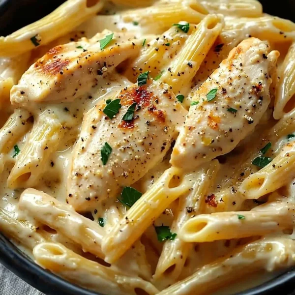 Delicious bowl of Crac Chicken Penne with creamy sauce and fresh ingredients