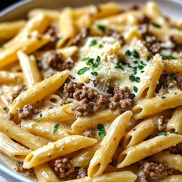 Creamy beef pasta topped with herbs and cheese