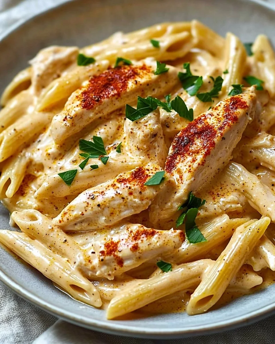 Plate of creamy Cajun Chicken Pasta garnished with herbs