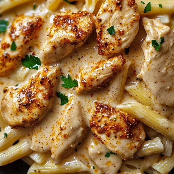 Delicious creamy Cajun chicken pasta served in a bowl, garnished with herbs.