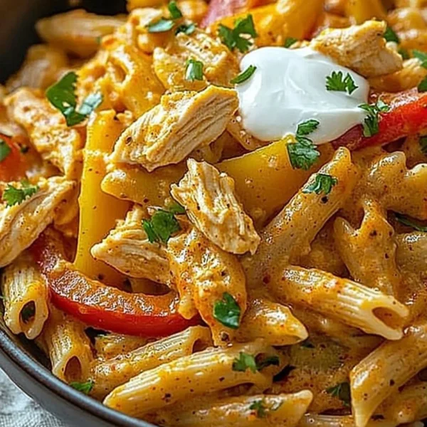 Creamy chicken fajita pasta with colorful bell peppers and a rich sauce