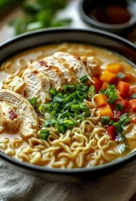A bowl of creamy garlic chicken ramen topped with green onions and herbs.