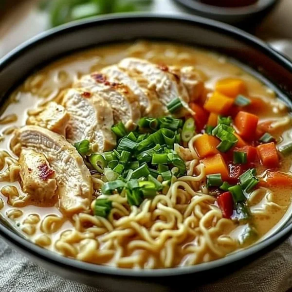A bowl of creamy garlic chicken ramen topped with green onions and herbs.