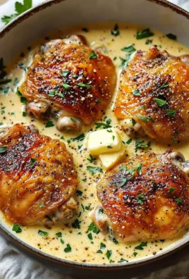 Creamy garlic chicken thighs in a skillet, ready to serve, restaurant-style dish.
