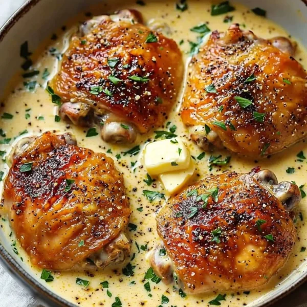 Creamy garlic chicken thighs in a skillet, ready to serve, restaurant-style dish.