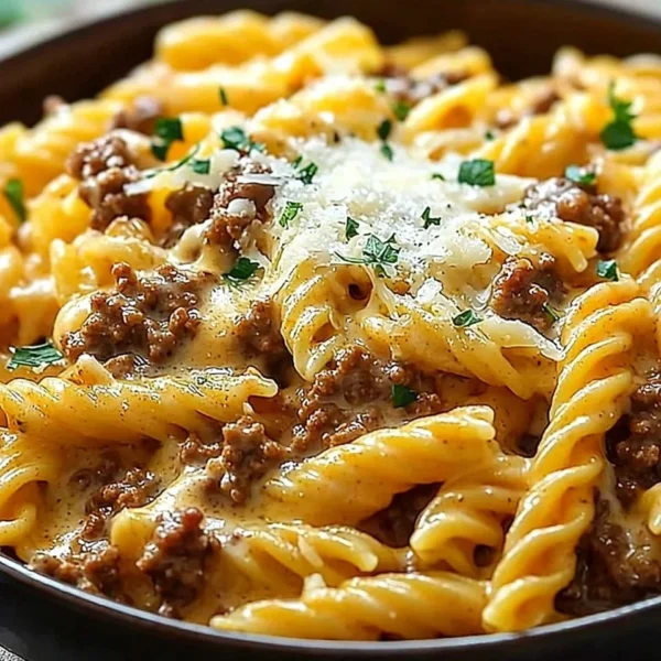Creamy high protein beef pasta dish garnished with herbs