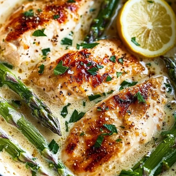 Creamy lemon chicken served with fresh asparagus in a delicious sauce
