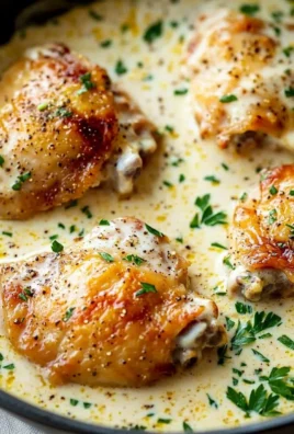 Creamy oven baked chicken thighs served on a plate with herbs.