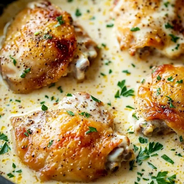 Creamy oven baked chicken thighs served on a plate with herbs.