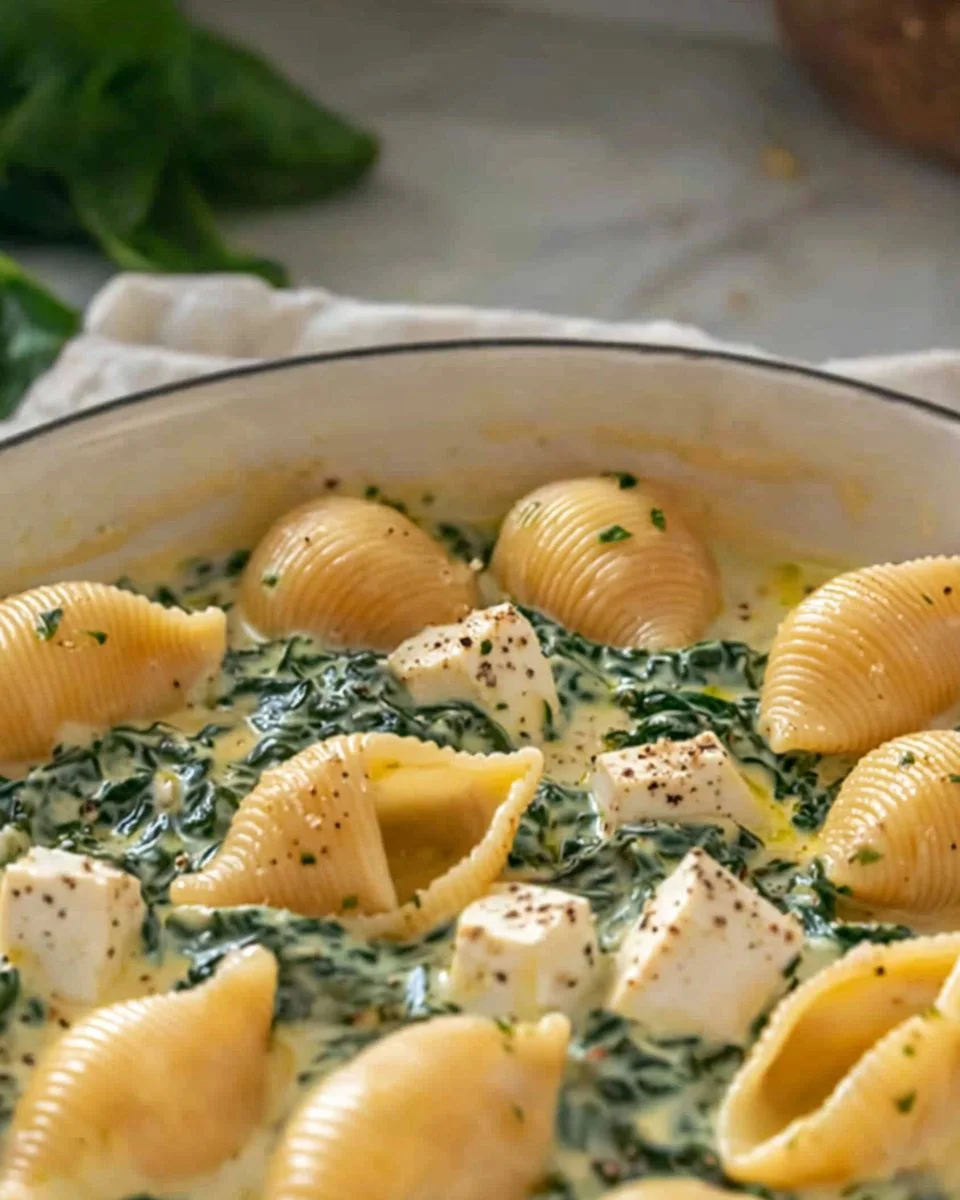 Creamy spinach tofu shells served on a plate with fresh herbs