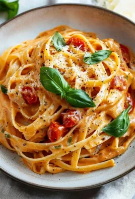 Creamy tomato pasta served in a bowl, garnished with fresh basil.