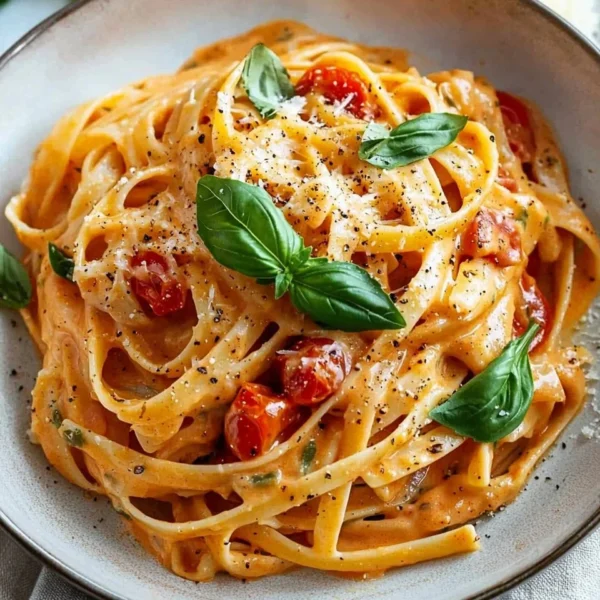 Creamy tomato pasta served in a bowl, garnished with fresh basil.