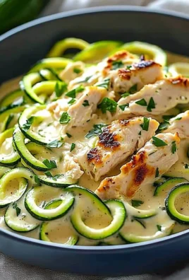 Creamy Zucchini Noodle Chicken Alfredo dish with garnishes on a plate