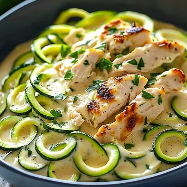 Creamy Zucchini Noodle Chicken Alfredo dish with garnishes on a plate