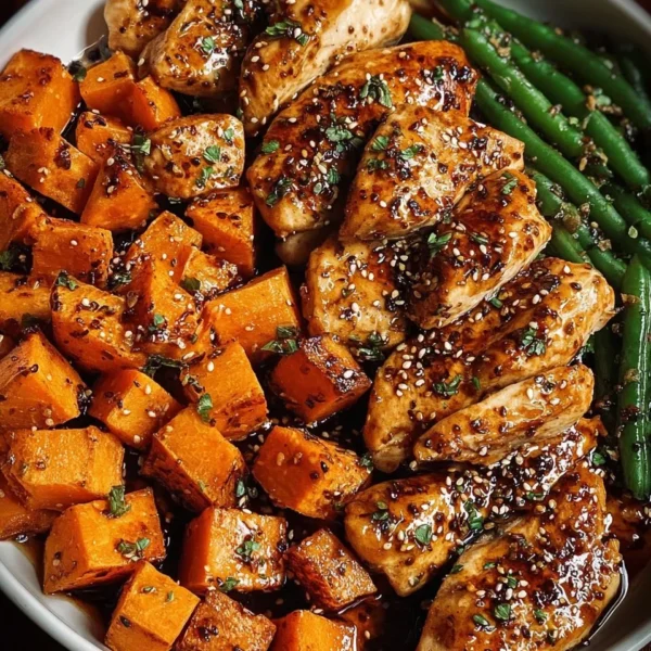 Delicious Honey Garlic Chicken served with roasted sweet potatoes