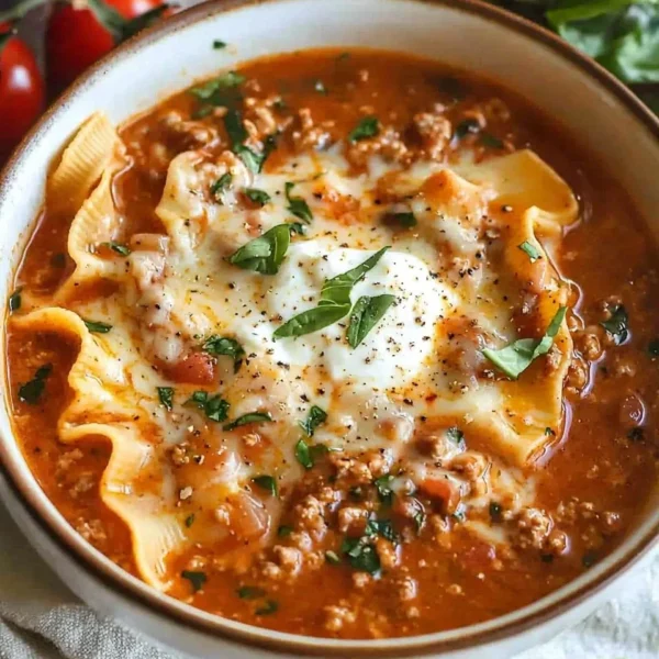 Bowl of creamy lasagna soup topped with cheese and herbs