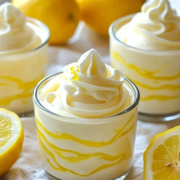 Delicious easy lemon mousse dessert in a glass topped with lemon zest.