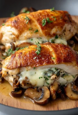 Flavorful mushroom stuffed chicken breast plated with herbs and garnishes