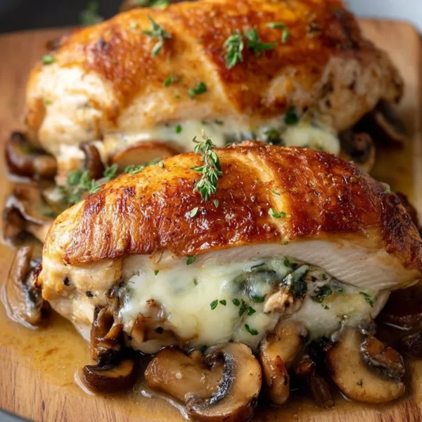 Flavorful mushroom stuffed chicken breast plated with herbs and garnishes
