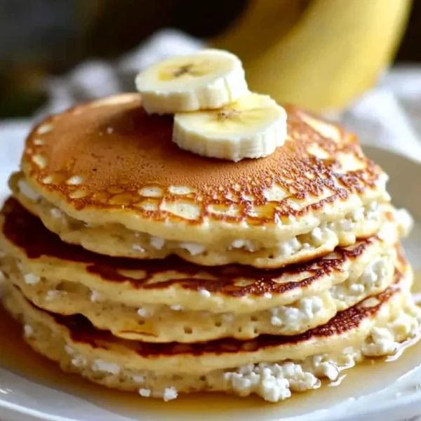 Fluffy banana cottage cheese pancakes stacked on a plate with syrup