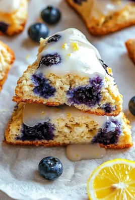 Fluffy blueberry scones drizzled with lemon glaze on a white plate.