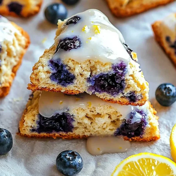 Fluffy blueberry scones drizzled with lemon glaze on a white plate.