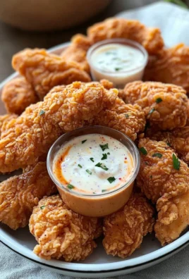 Fried chicken tender bites with buffalo ranch dipping sauce on a plate