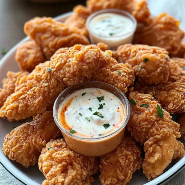 Fried chicken tender bites with buffalo ranch dipping sauce on a plate