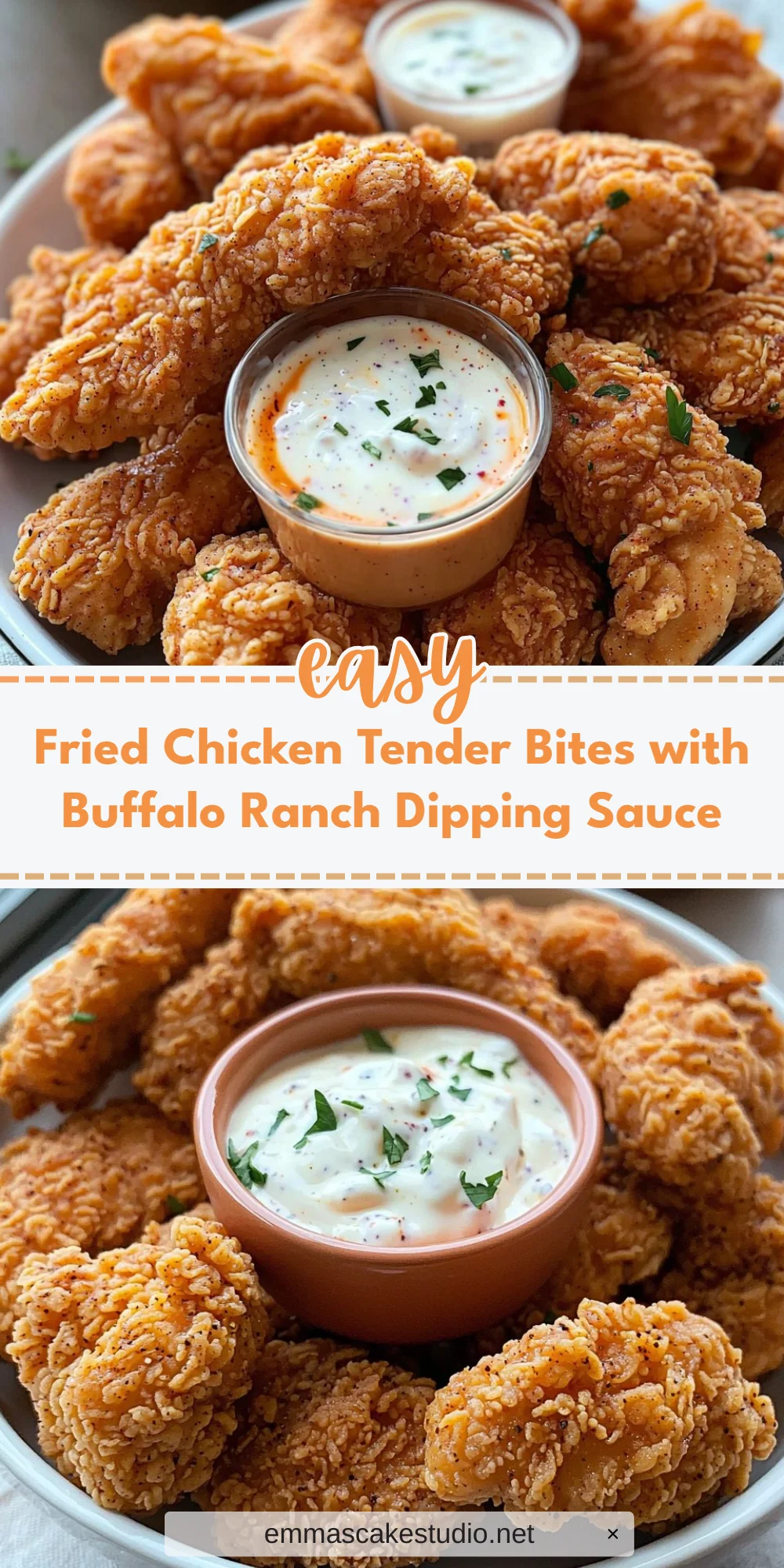 Fried Chicken Tender Bites with Buffalo Ranch Dipping Sauce
