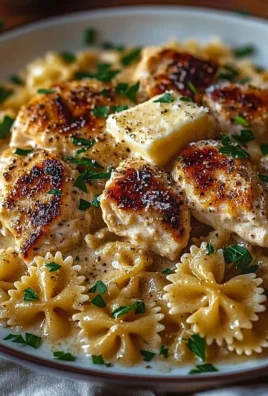 Delicious garlic butter chicken served with bowtie pasta on a plate.