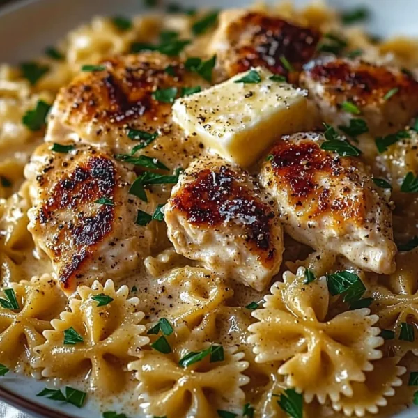 Delicious garlic butter chicken served with bowtie pasta on a plate.