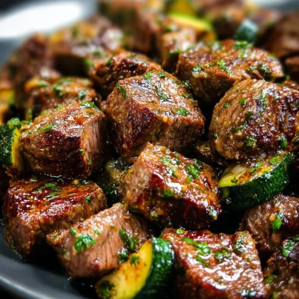 Sizzling garlic butter steak bites served on a plate with herbs