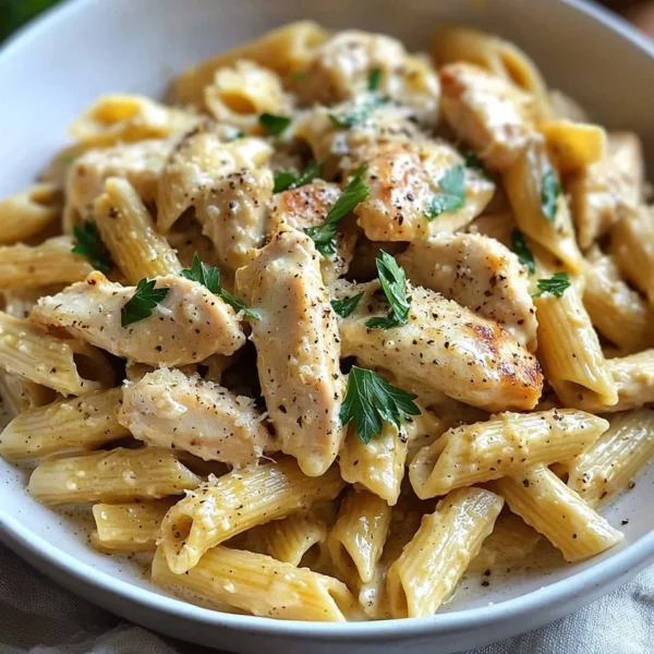 Garlic Parmesan Chicken served over pasta with herbs and cheese