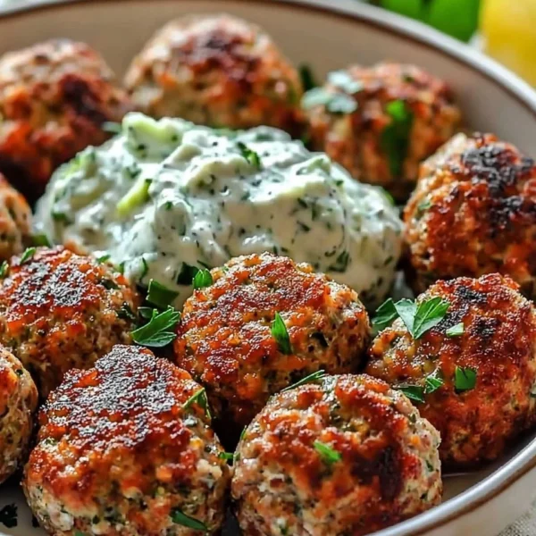 Plate of Greek turkey meatballs served with tzatziki sauce