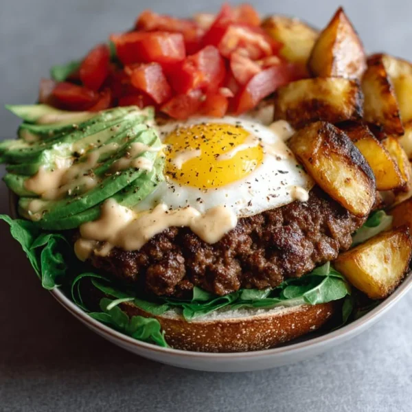 Healthy high-protein burger with fresh ingredients on a plate