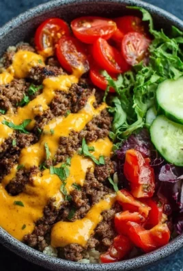 High-protein cheeseburger bowls with ground beef and burger sauce