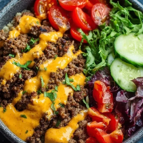 High-protein cheeseburger bowls with ground beef and burger sauce