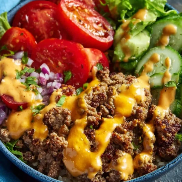 High-protein cheeseburger bowls with ground beef and burger sauce