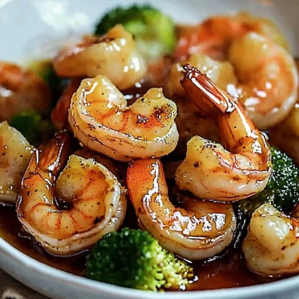 High-protein honey garlic shrimp served with veggies on a plate.