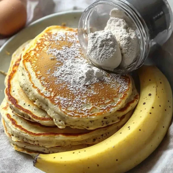 Plate of fluffy high protein pancakes topped with fresh fruits and syrup