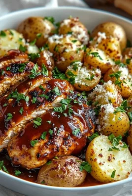 Juicy Honey BBQ Chicken served with Garlic Parmesan Potatoes on a plate