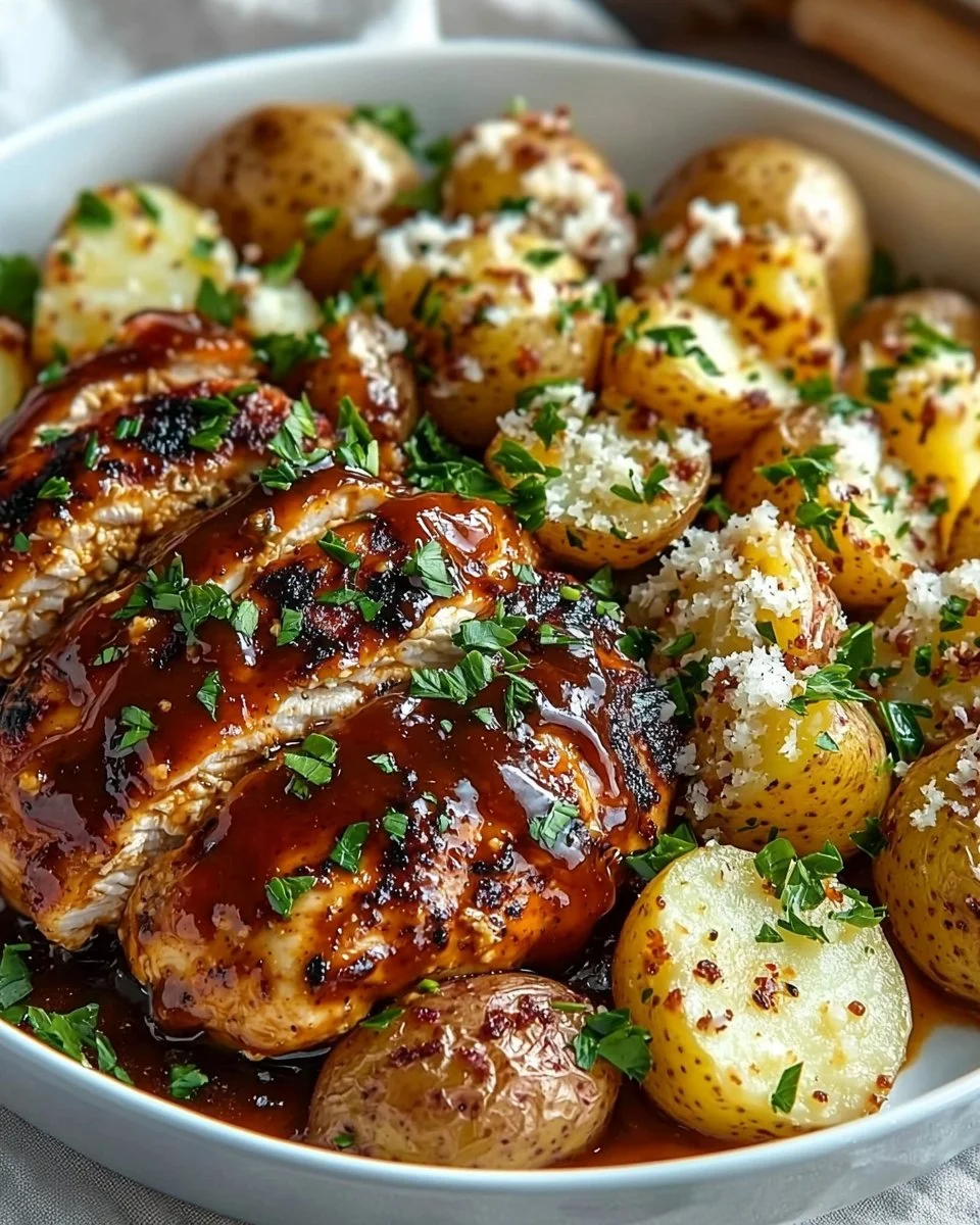 Juicy Honey BBQ Chicken served with Garlic Parmesan Potatoes on a plate