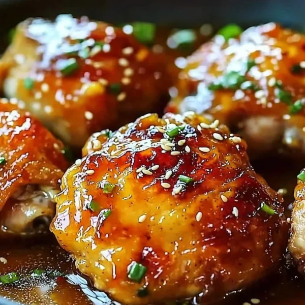 Delicious Honey Garlic Chicken Thighs on a serving plate, garnished with herbs.