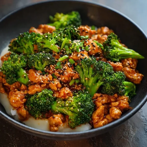 Honey Sriracha ground chicken stir-fry with broccoli in a bowl