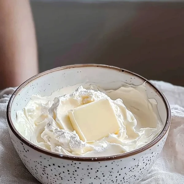 DIY heavy cream made with milk and butter in a bowl