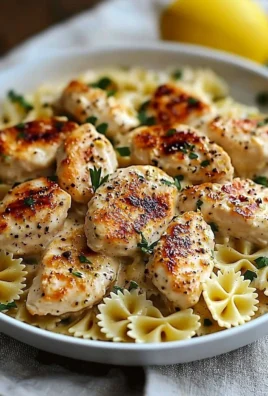 Plate of lemon garlic chicken served with creamy bowtie pasta