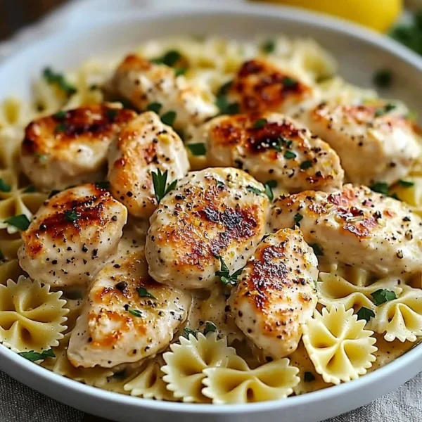 Plate of lemon garlic chicken served with creamy bowtie pasta