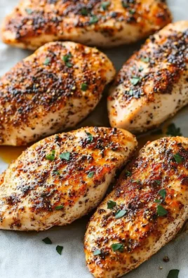 Juicy baked chicken breast served with fresh herbs and vegetables