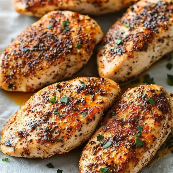 Juicy baked chicken breast served with fresh herbs and vegetables